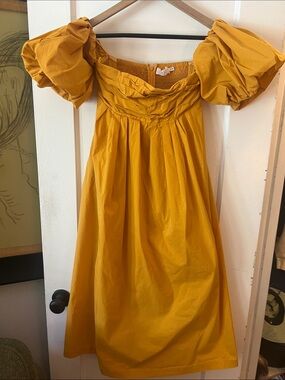 Off-Shoulder Mustard Midi Dress with Puff Sleeves